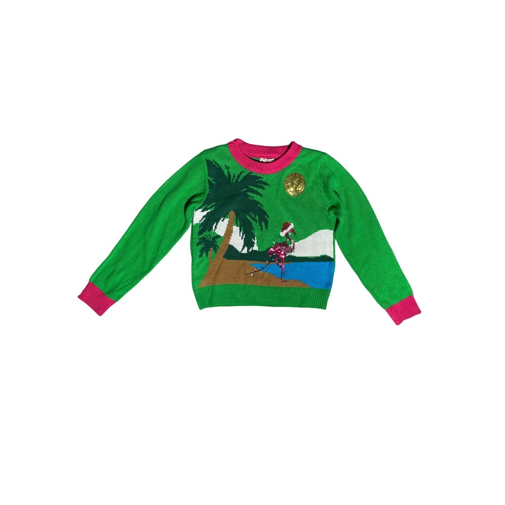 Holiday Flamingo Christmas Sweater Palm Tree Sequin Ugly Party